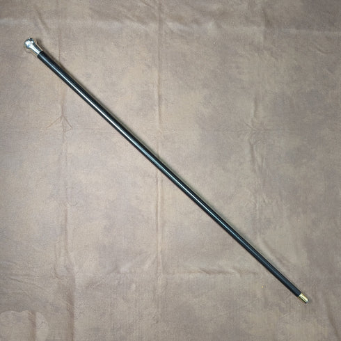 1925 British Vintage Men's Walking Stick, Sterling Silver, Round Handle, Black Shaft, 91cm, J Howell